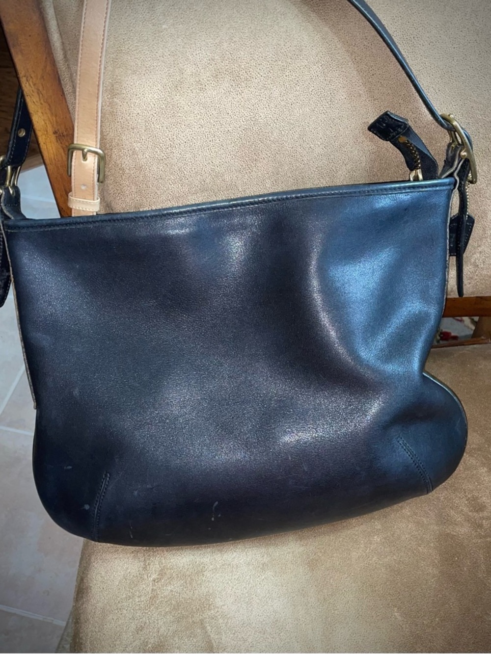 Embossed Black Leather Bag Interior with Serial Stamp